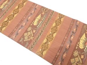 横段に帆船・花鳥更紗模様織り出し　袋帯